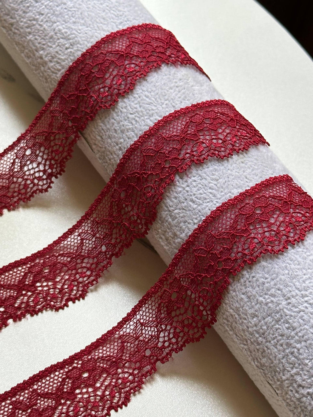 Soft Crimson Wine Floral Stretch Eyelash Lace Trim by the Yard, Narrow Scalloped Elastic Ribbon for Crafts, 1", Retail Wholesale Bulk
