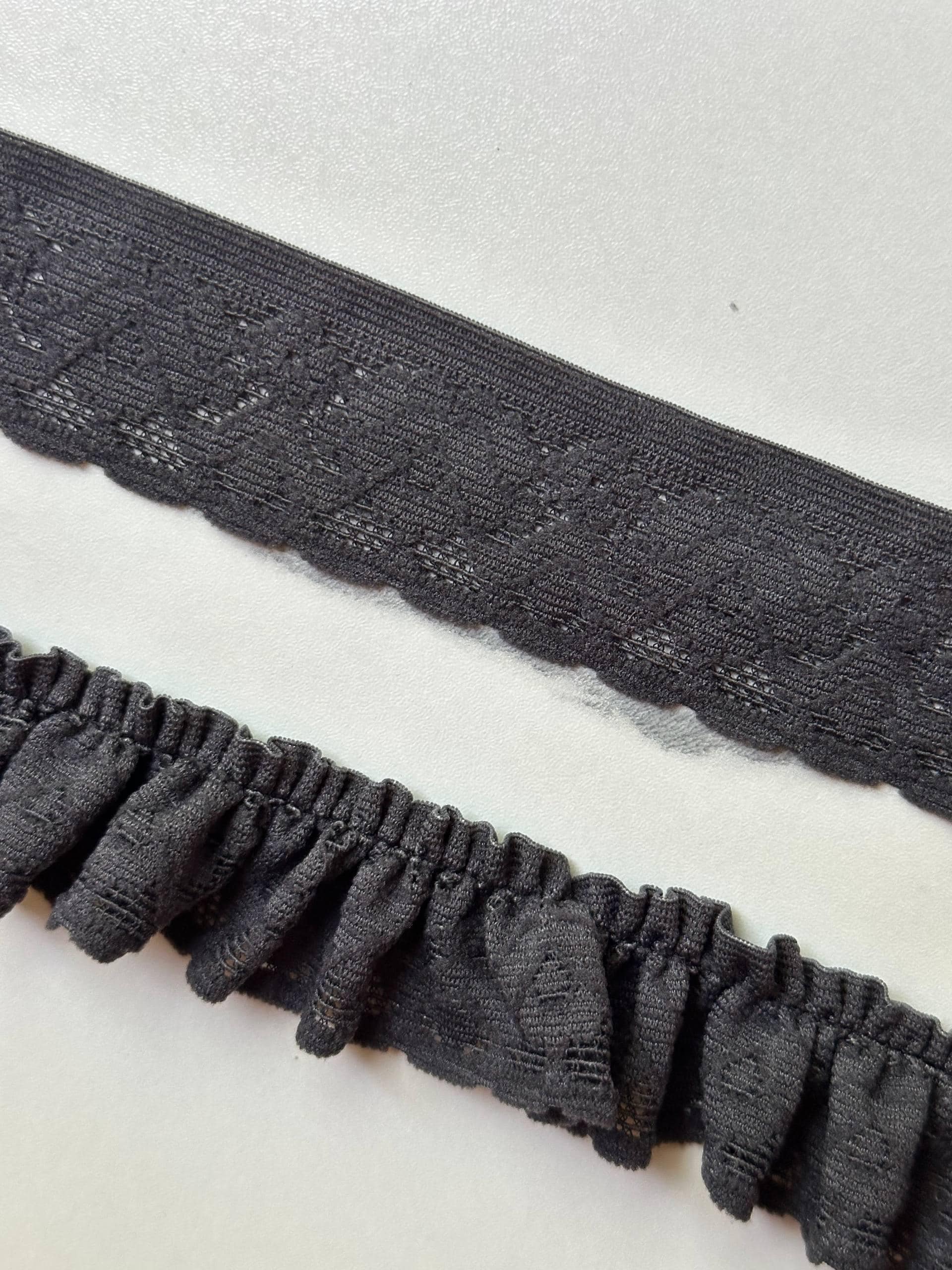 Classic Charcoal Gray Geometric Stretch Elastic Lace Trim   Narrow Ribbon Available Flat or Custom Hand-Gathered for Lingerie Crafts, 1"