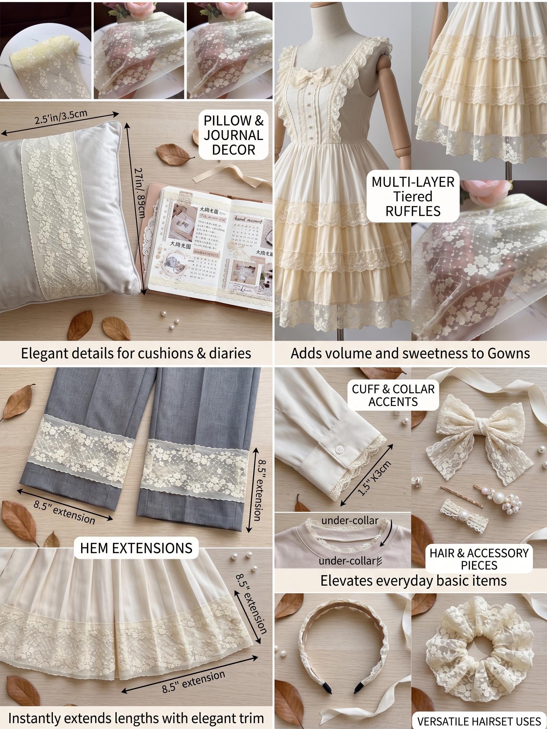 Lemon Cream Floral Stretch Lace Trim for Large Scrunchies Corset Gowns, Symmetrical Double Edge Extra Wide Galloon Elastic Ribbon, 8.5"