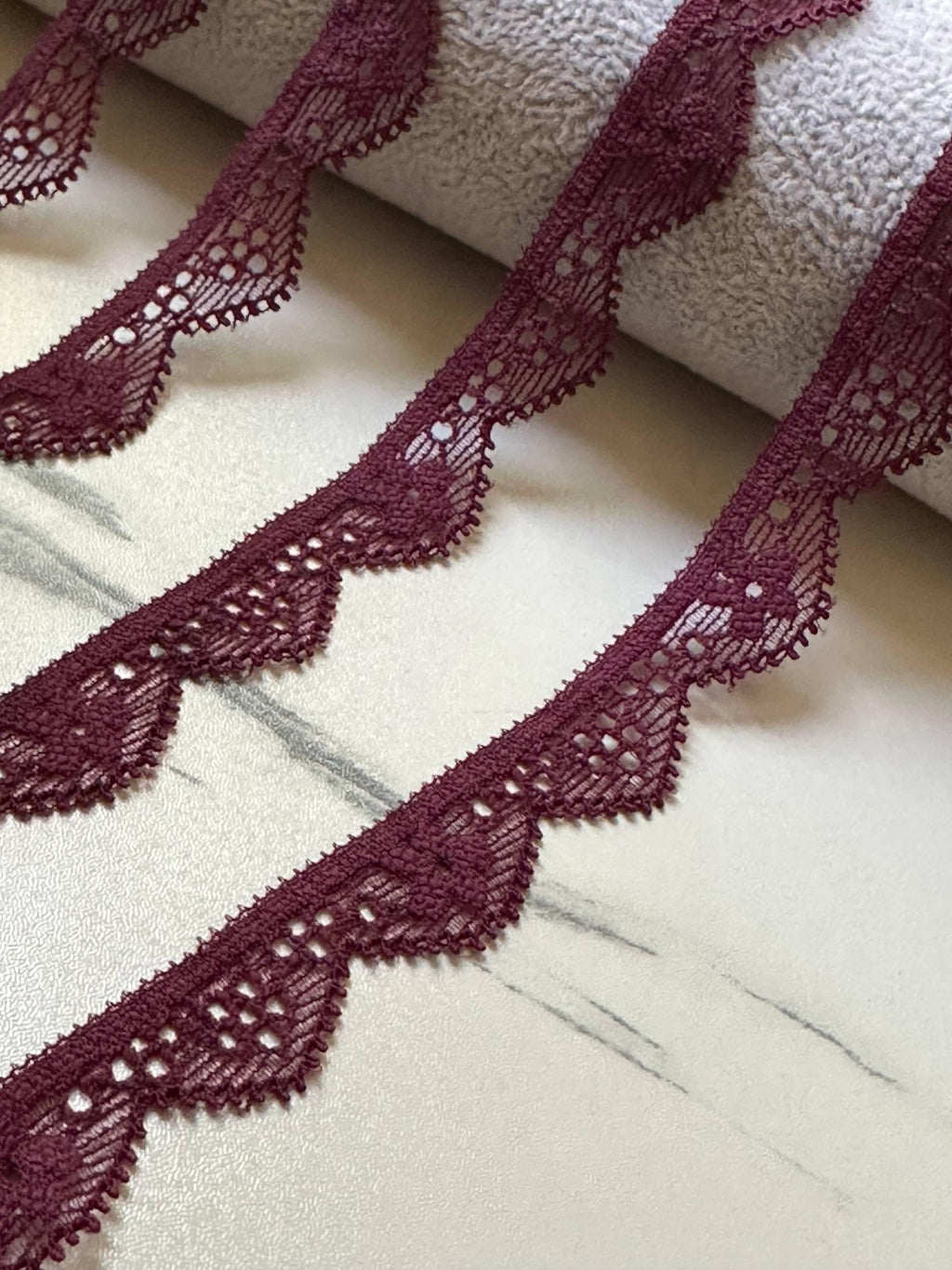 Muted Burgundy Wine Geometric Stretch Elastic Lace Trim, Single Scalloped Narrow Ribbon for Lingerie Underwear Sewing Crafts, 0.5"