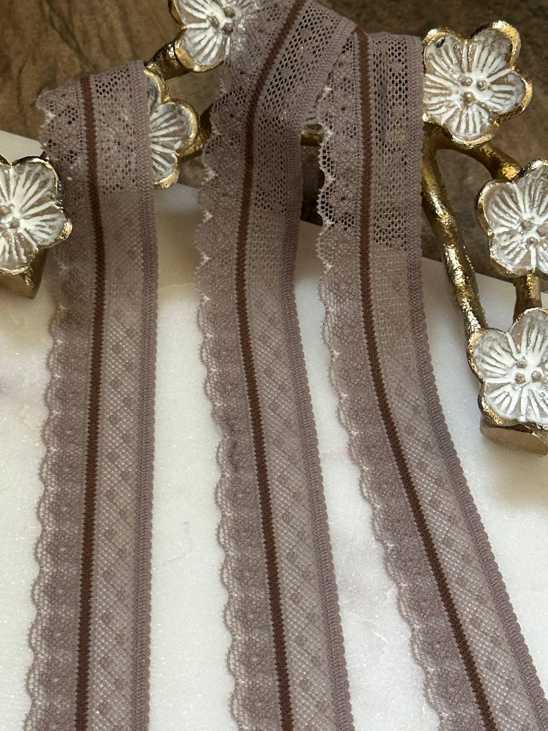 Soft Two Tone Milk Tea Mocha Brown Stretch Lace Trim by the Yard, Scalloped Elastic Ribbon for Coquette Crafts, 1", Retail Wholesale Bulk