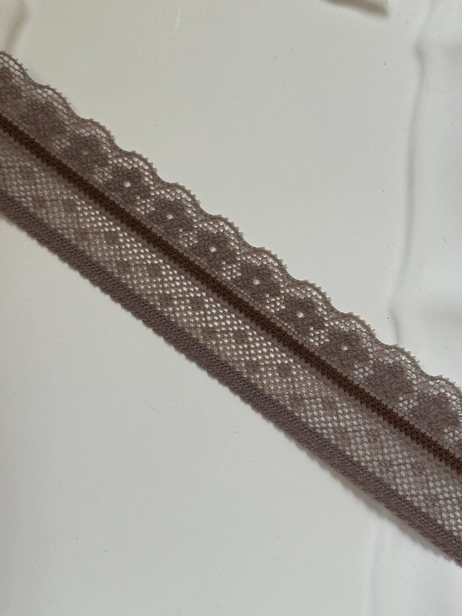 Soft Two Tone Milk Tea Mocha Brown Stretch Lace Trim by the Yard, Scalloped Elastic Ribbon for Coquette Crafts, 1", Retail Wholesale Bulk