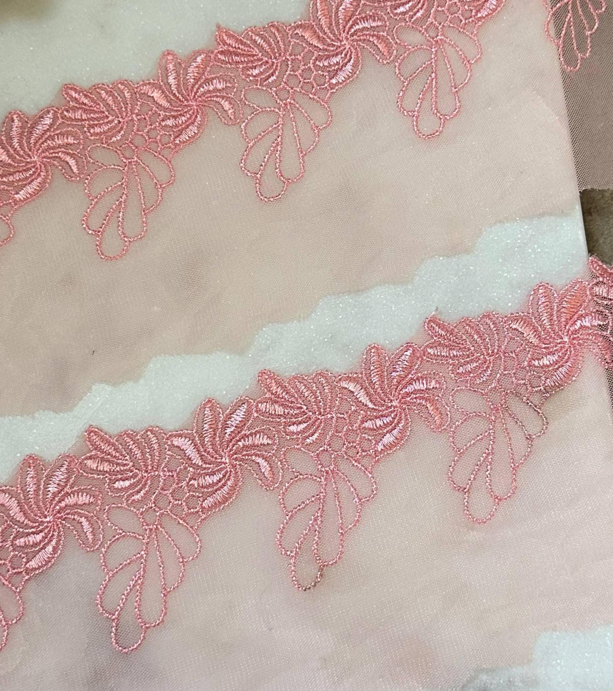 Soft Peach Pink Floral Embroidered Mesh Lace Trim, 2" Floral 3.5" Total Wide Sheer Scalloped Ribbon, Retail Wholesale Bulk