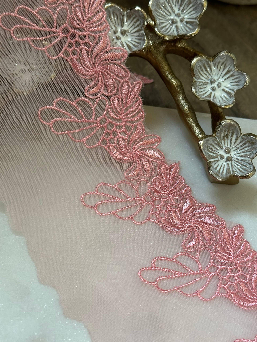 Soft Peach Pink Floral Embroidered Mesh Lace Trim, 2" Floral 3.5" Total Wide Sheer Scalloped Ribbon, Retail Wholesale Bulk
