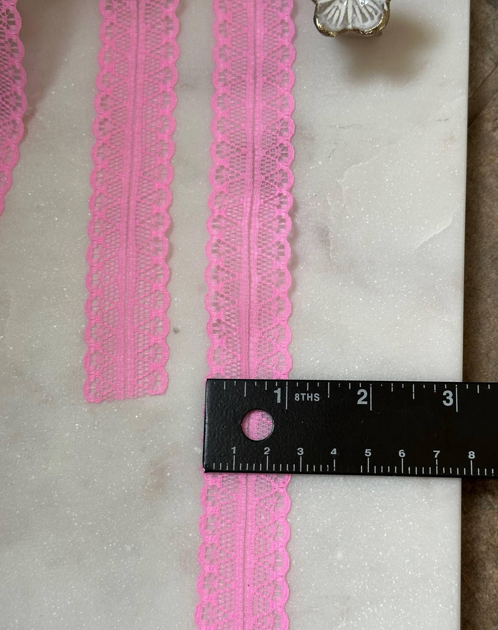 Structured Bubblegum Pink Splitable Non-Stretch Lace Trim by the Yard, Dual Edge Narrow Ribbon for Crafts, 1", Retail Wholesale Bulk