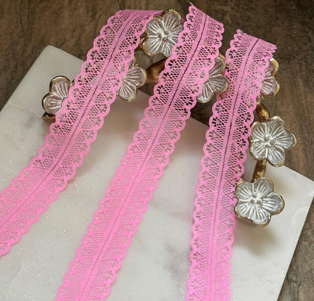 Structured Bubblegum Pink Splitable Non-Stretch Lace Trim by the Yard, Dual Edge Narrow Ribbon for Crafts, 1", Retail Wholesale Bulk