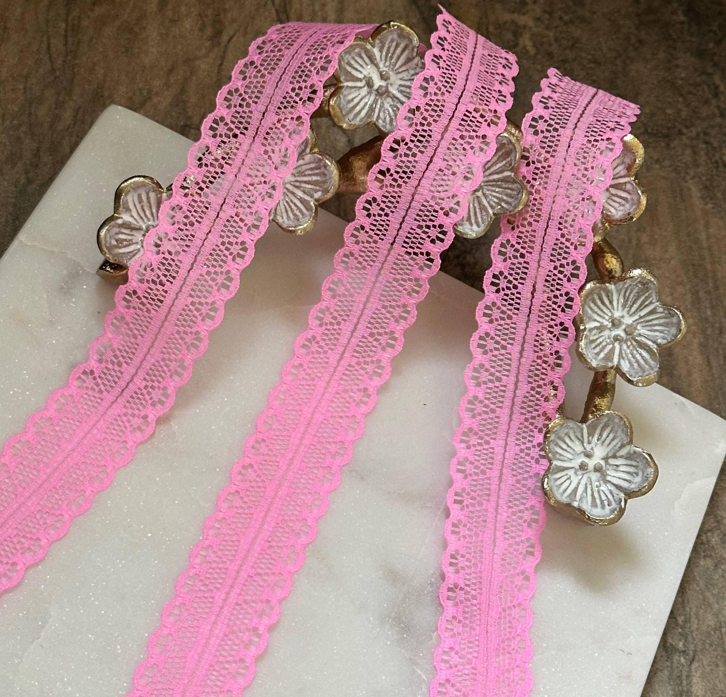 Structured Bubblegum Pink Splitable Non-Stretch Lace Trim by the Yard, Dual Edge Narrow Ribbon for Crafts, 1", Retail Wholesale Bulk