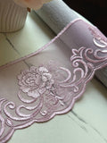 Soft Dusty Mauve Rose Floral Embroidered Mesh Lace Trim by the Yard, Wide Tulle Scalloped Ribbon for Crafts, 4.25", Retail Wholesale Bulk