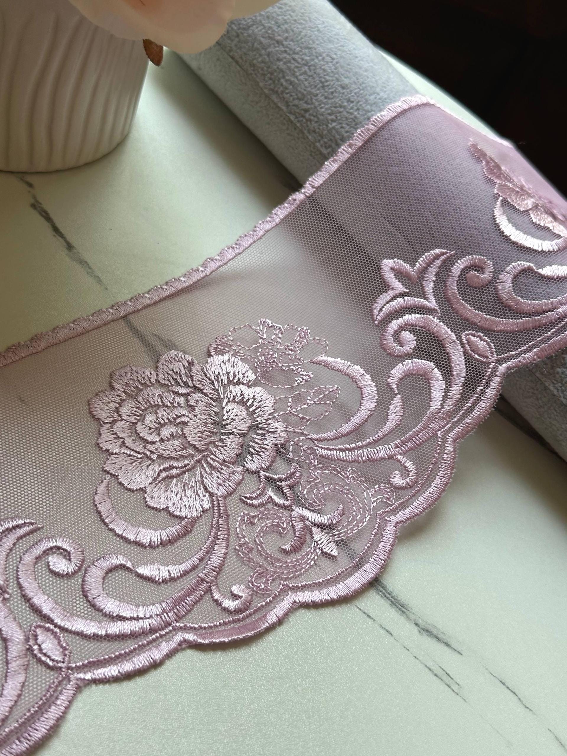 Soft Dusty Mauve Rose Floral Embroidered Mesh Lace Trim by the Yard, Wide Tulle Scalloped Ribbon for Crafts, 4.25", Retail Wholesale Bulk