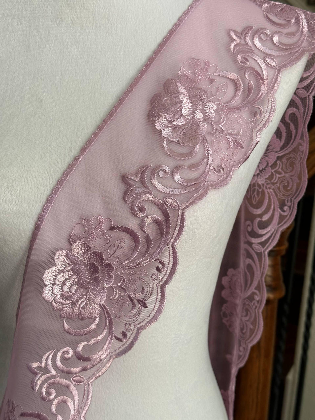 Soft Dusty Mauve Rose Floral Embroidered Mesh Lace Trim by the Yard, Wide Tulle Scalloped Ribbon for Crafts, 4.25", Retail Wholesale Bulk