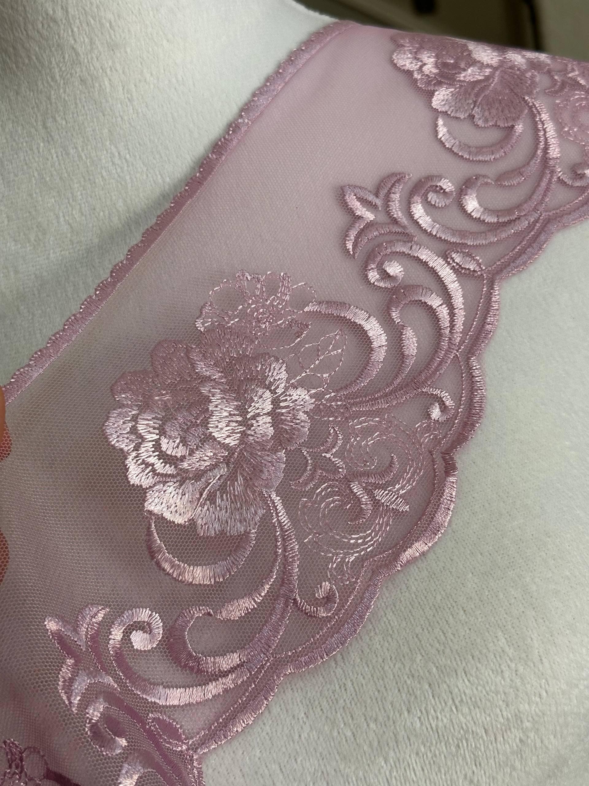 Soft Dusty Mauve Rose Floral Embroidered Mesh Lace Trim by the Yard, Wide Tulle Scalloped Ribbon for Crafts, 4.25", Retail Wholesale Bulk