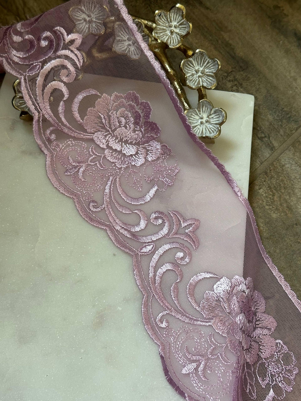 Soft Dusty Mauve Rose Floral Embroidered Mesh Lace Trim by the Yard, Wide Tulle Scalloped Ribbon for Crafts, 4.25", Retail Wholesale Bulk