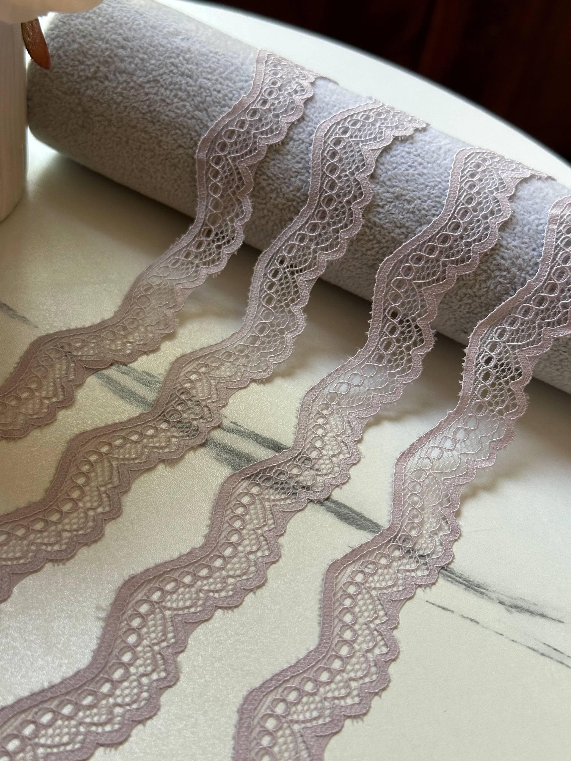 Muted Dusty Rose Geometric Stretch Elastic Lace Trim, Symmetrical Wave Scalloped Narrow Ribbon for Lingerie Underwear Crafts, 0.6"
