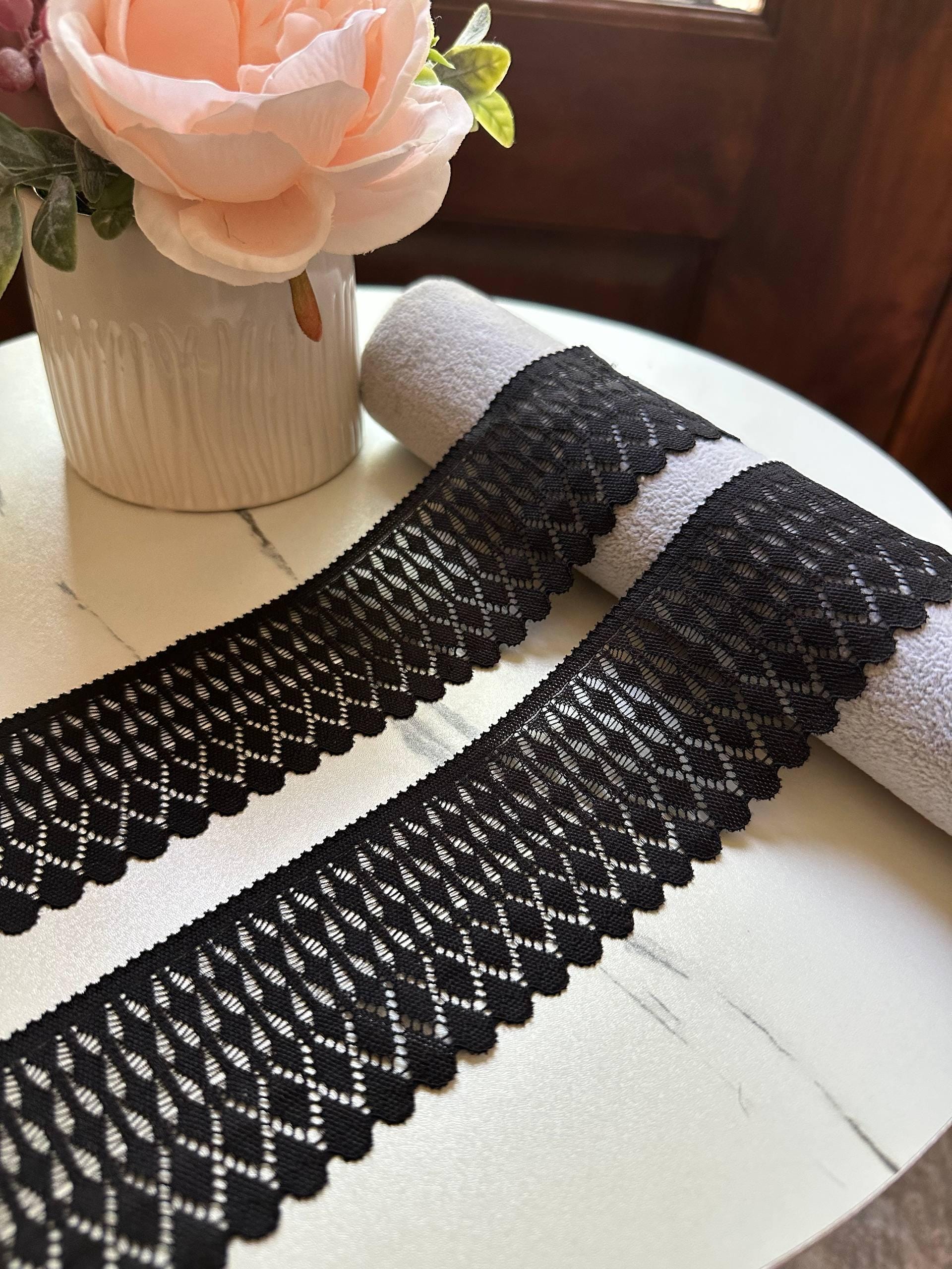 Classic Onyx Black Leaf Pattern Stretch Lace Trim, Symmetrical Double Scalloped Wide Ribbon for Lingerie Underwear Crafts, 2"