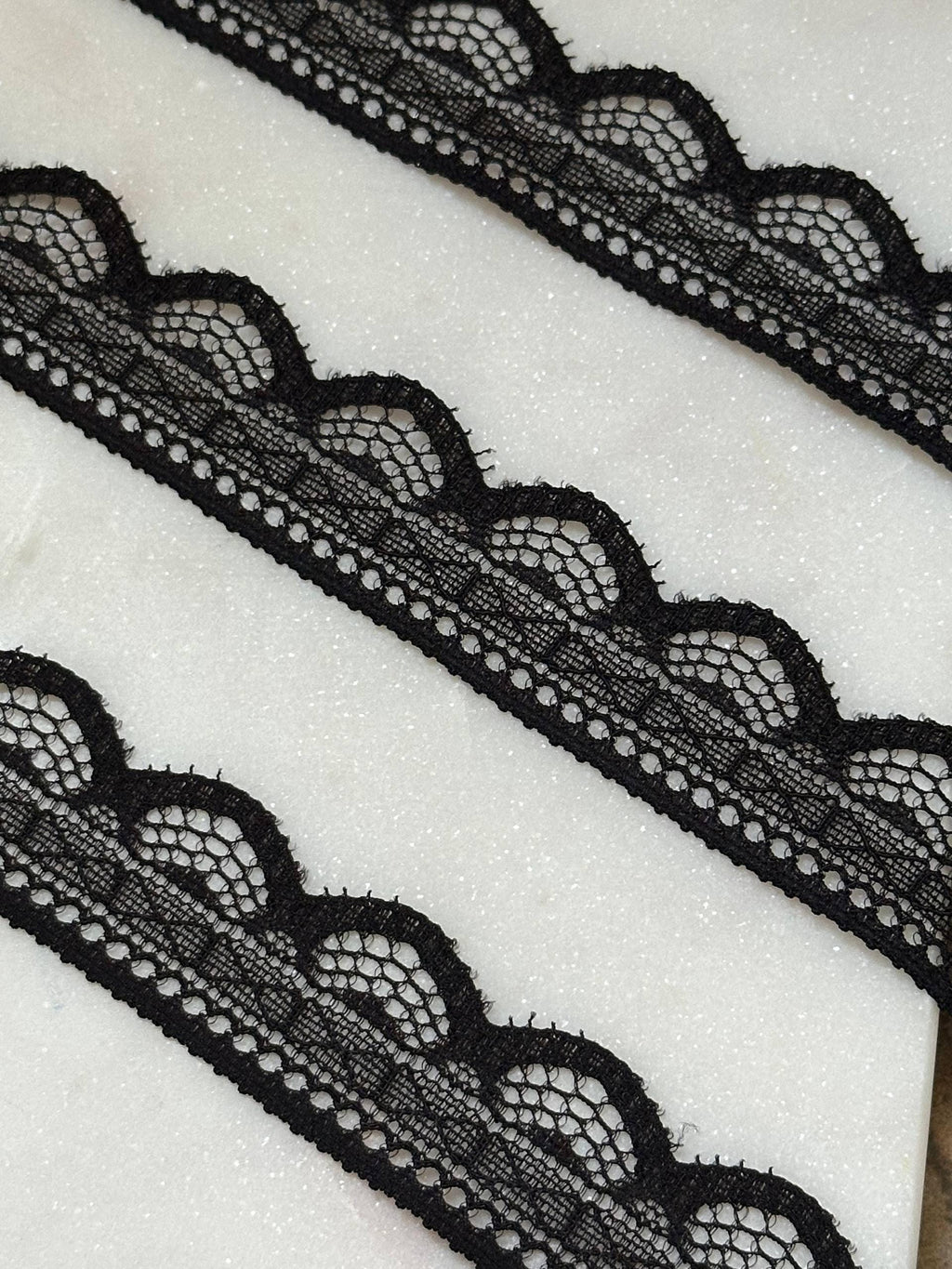 Classic Black Bow Scalloped Beaded Eyelash Non-Stretch Lace Trim by the Yard, Narrow Ribbon Beading Insert, 1", Retail Wholesale Bulk