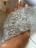 Dusty Slate Blue Grey Floral Micro Eyelash Slight Stretch Lace Trim by the Yard, Wide Scalloped Elastic Ribbon, 3", Retail Wholesale Bulk