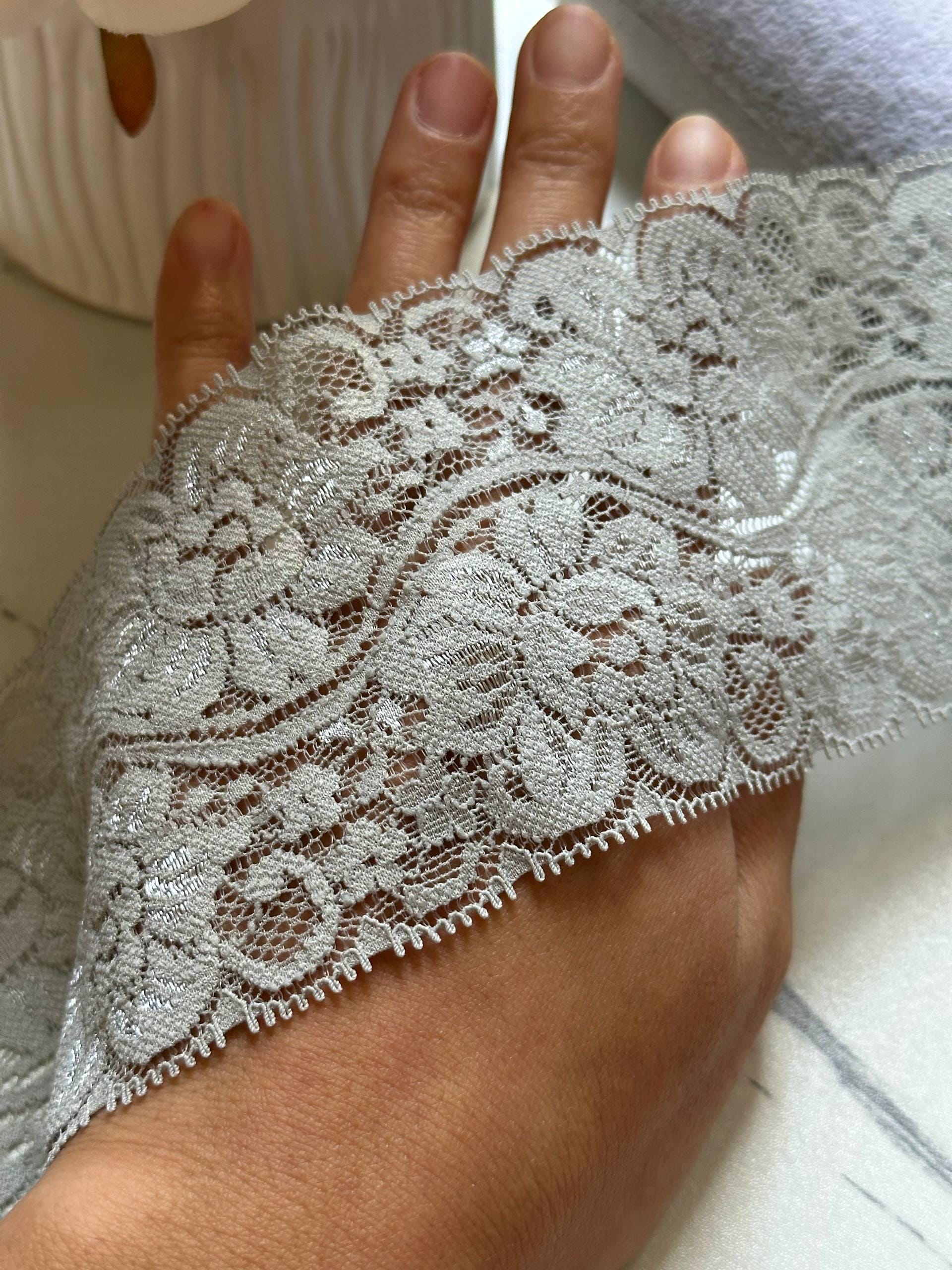 Dusty Slate Blue Grey Floral Micro Eyelash Slight Stretch Lace Trim by the Yard, Wide Scalloped Elastic Ribbon, 3", Retail Wholesale Bulk