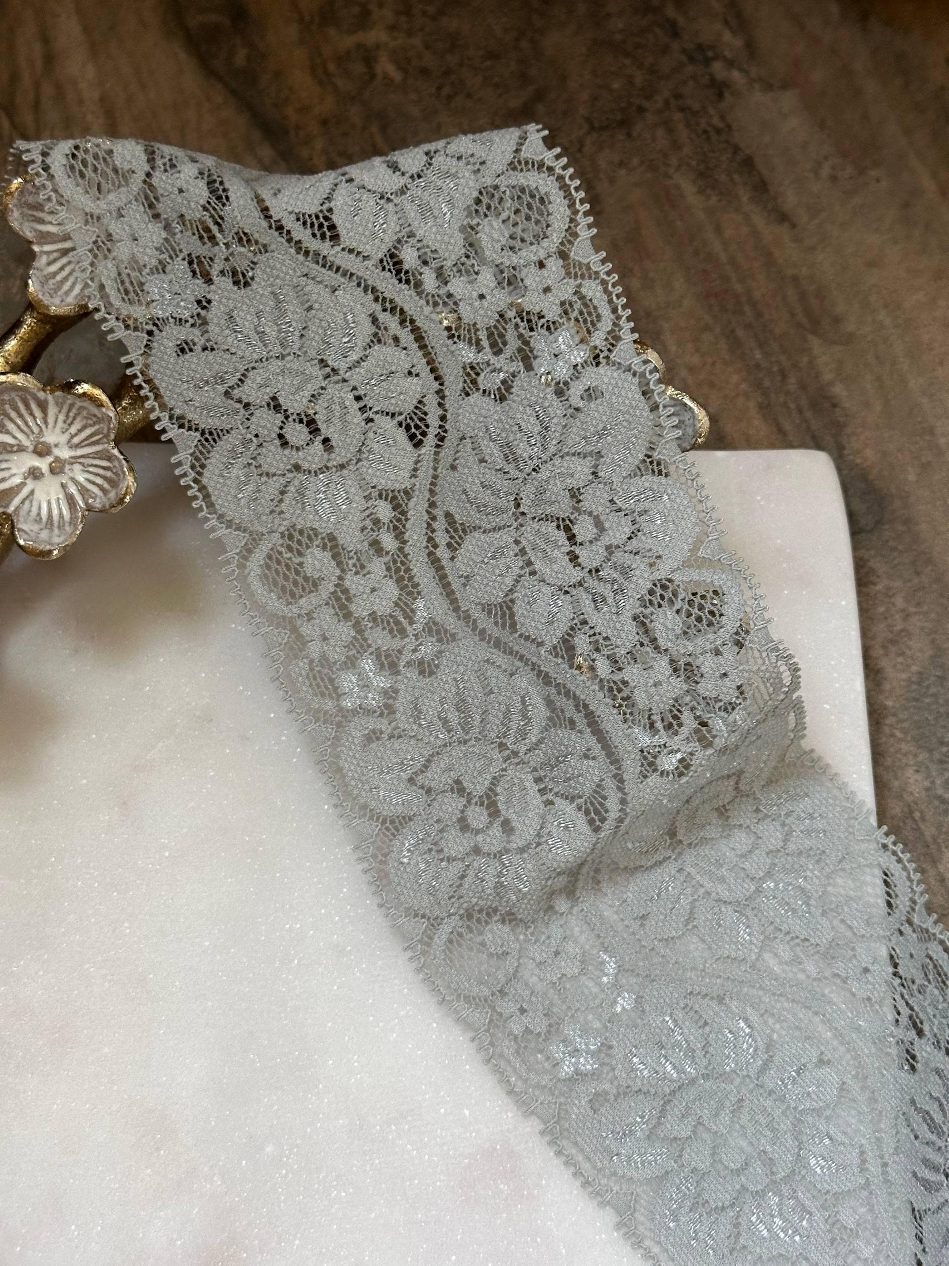 Dusty Slate Blue Grey Floral Micro Eyelash Slight Stretch Lace Trim by the Yard, Wide Scalloped Elastic Ribbon, 3", Retail Wholesale Bulk