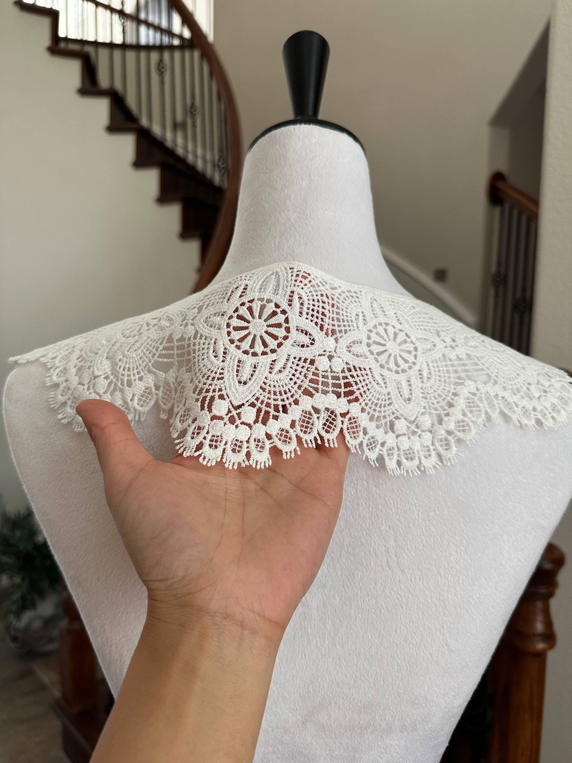 Cream White Vintage Floral Guipure Lace Collar Applique, Symmetrical Detachable Openwork Embroidered Neckline for Dress Sewing, 22.5"x4"