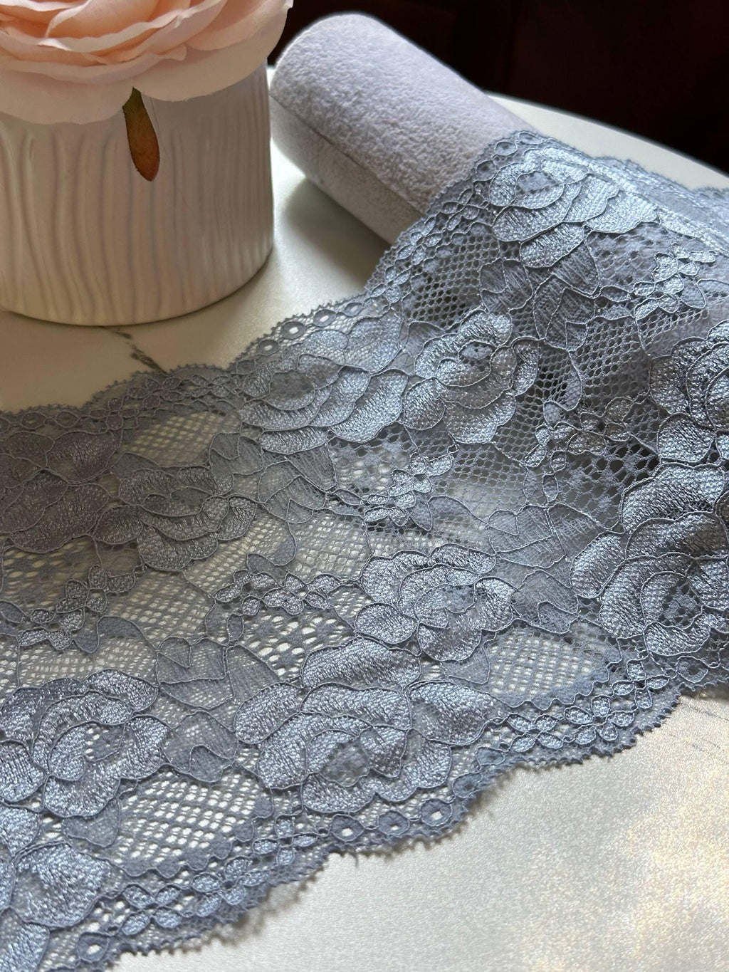Corded Dusty Steel Blue Rose Floral Extra Wide Slight Stretch Lace Trim by the Yard, Structured Scalloped Ribbon, 6.5",Retail Wholesale Bulk