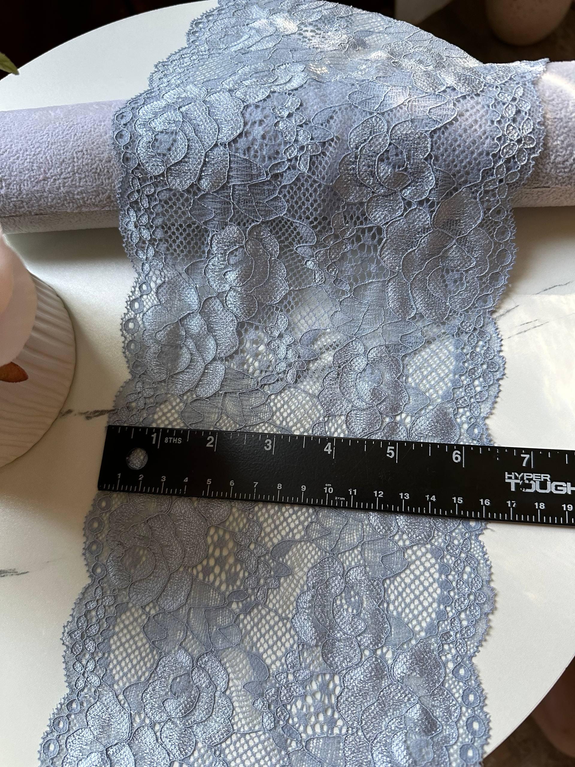 Corded Dusty Steel Blue Rose Floral Extra Wide Slight Stretch Lace Trim by the Yard, Structured Scalloped Ribbon, 6.5",Retail Wholesale Bulk