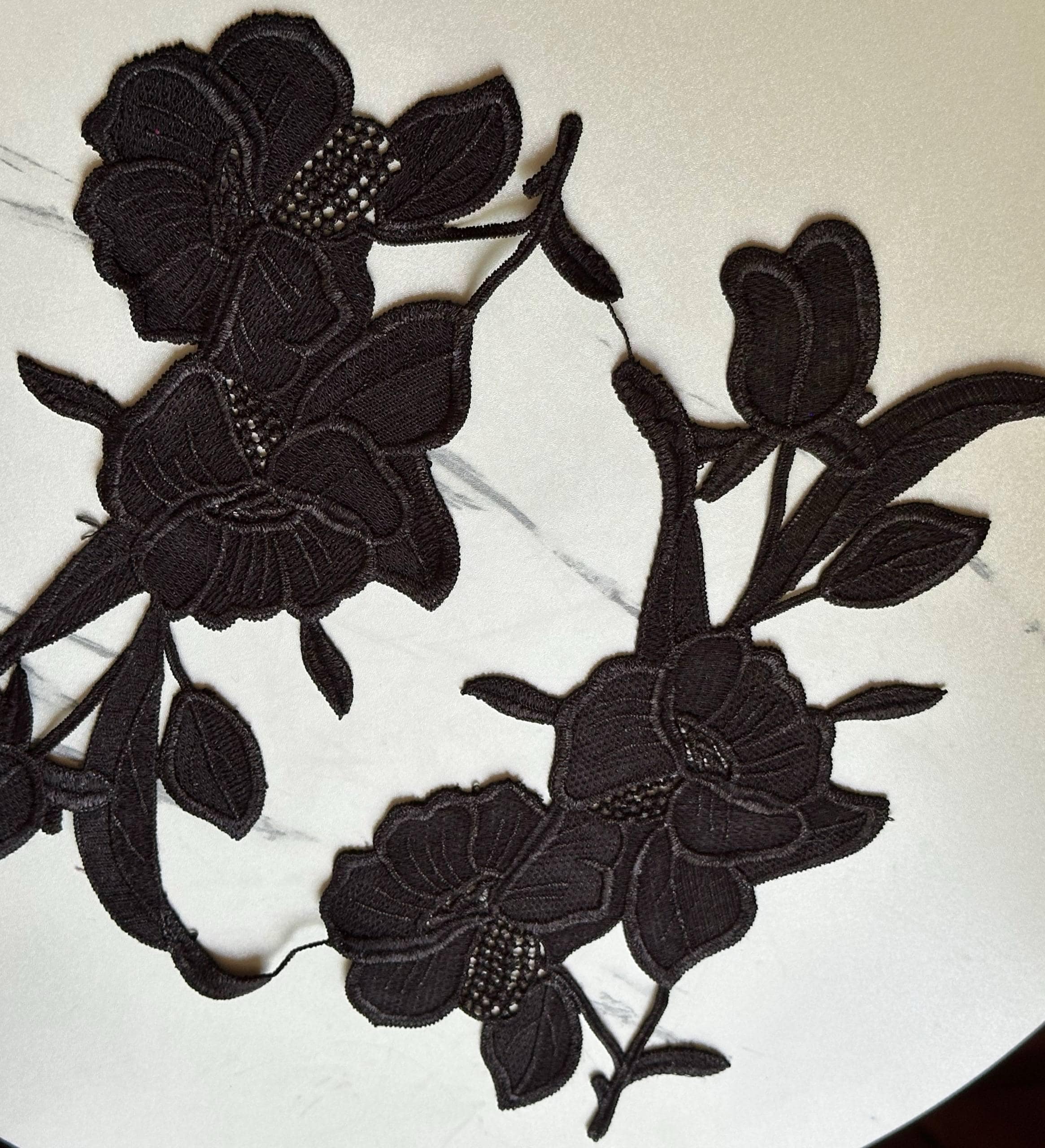 Onyx Black Floral Guipure Lace Applique Motif, Symmetrical Embroidered Flower Patches Pair for Shoulder Mirror Dress Sewing, 10"x4"