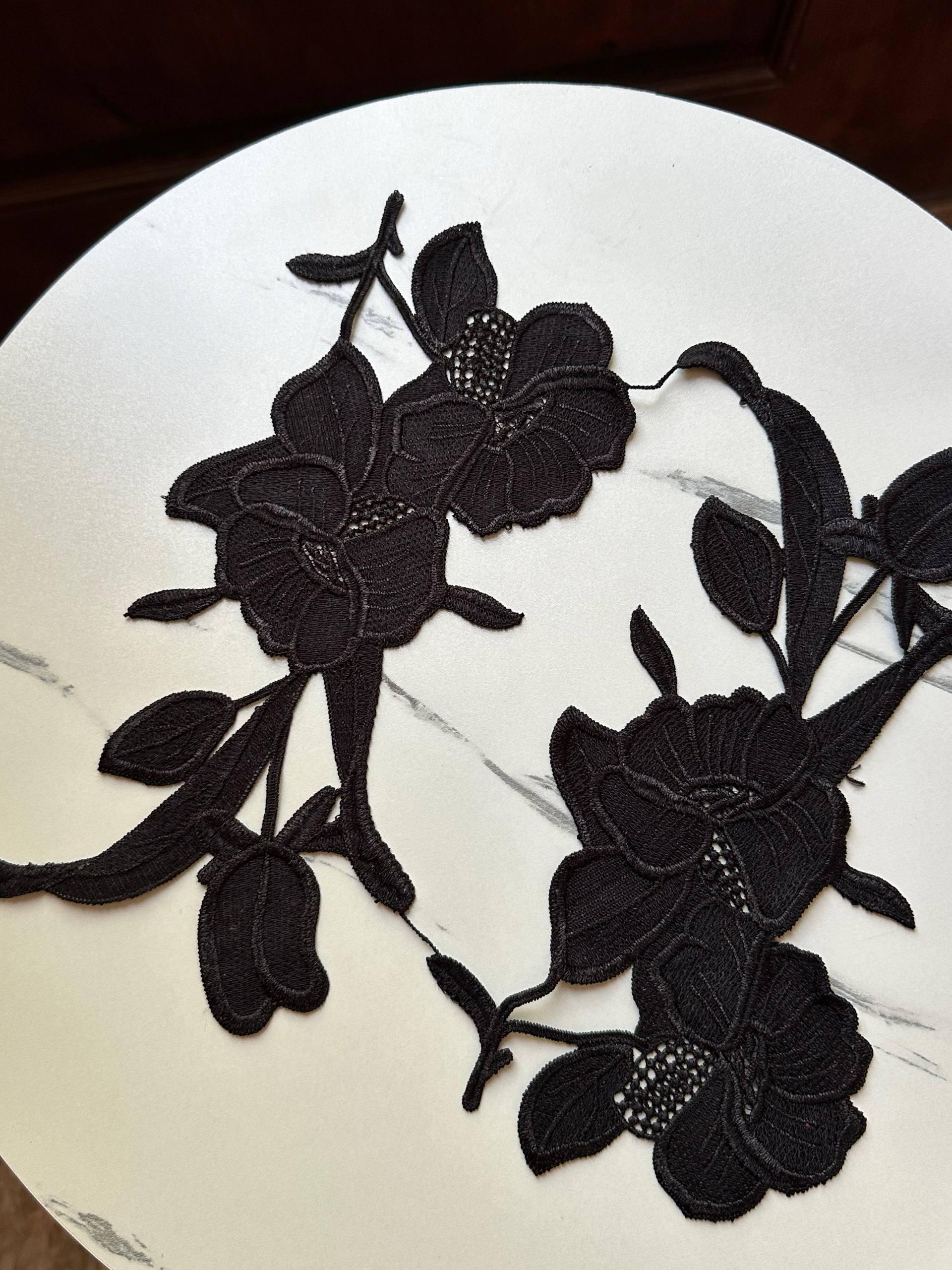 Onyx Black Floral Guipure Lace Applique Motif, Symmetrical Embroidered Flower Patches Pair for Shoulder Mirror Dress Sewing, 10"x4"