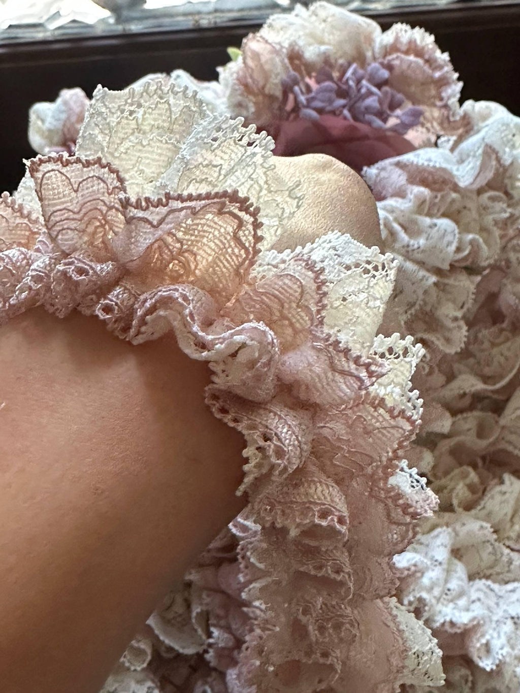 Hand Gathered Double Layer Pleated Ruffle Lace Trim by the Yard, Dusty Rose Cream French Chantilly Lace Trim for Lingerie Bridal, 1.3"