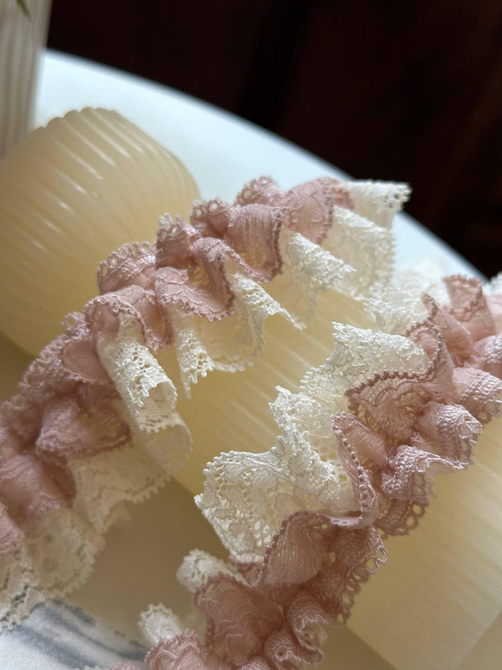 Hand Gathered Double Layer Pleated Ruffle Lace Trim by the Yard, Dusty Rose Cream French Chantilly Lace Trim for Lingerie Bridal, 1.3"