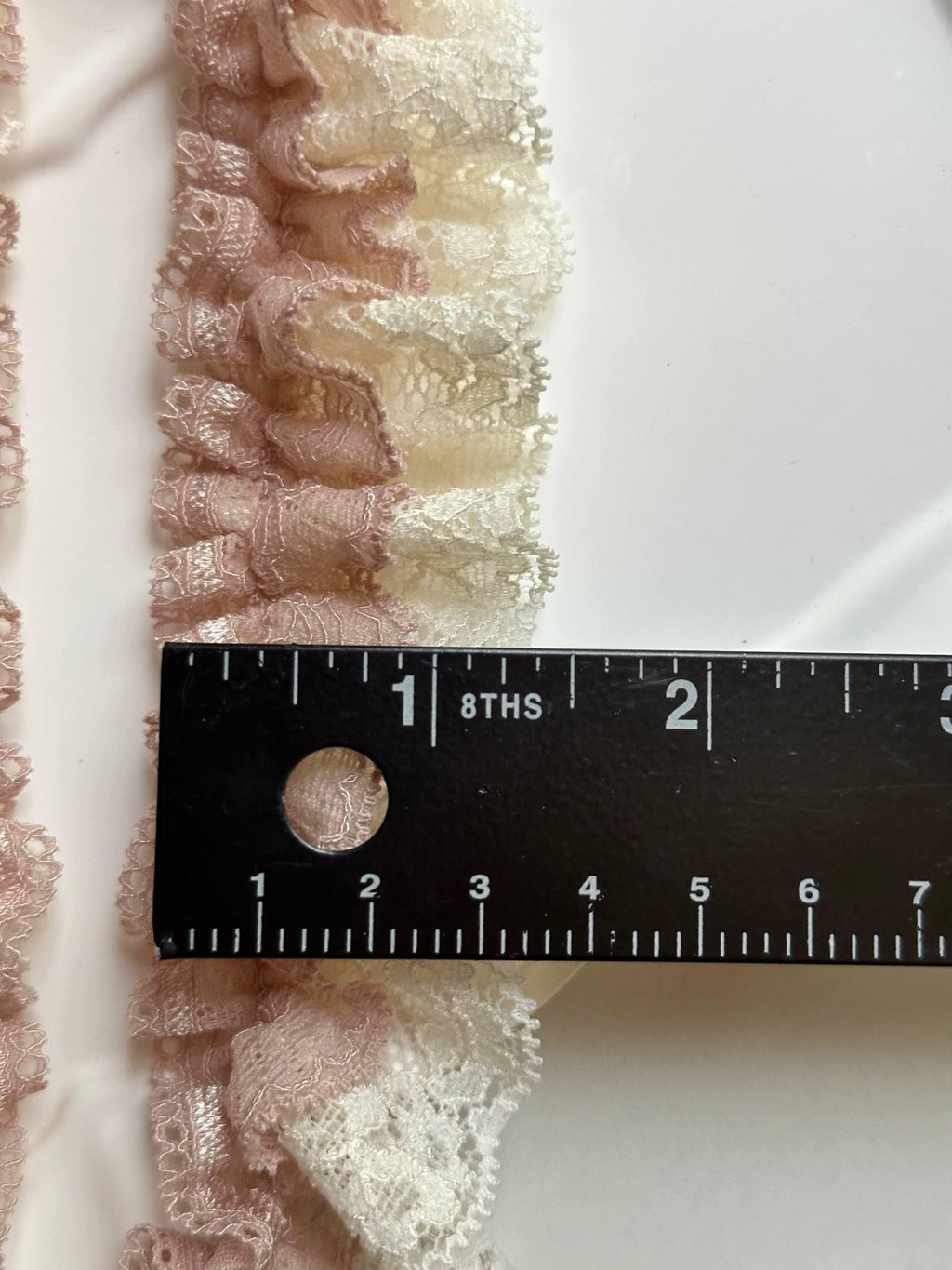 Hand Gathered Double Layer Pleated Ruffle Lace Trim by the Yard, Dusty Rose Cream French Chantilly Lace Trim for Lingerie Bridal, 1.3"