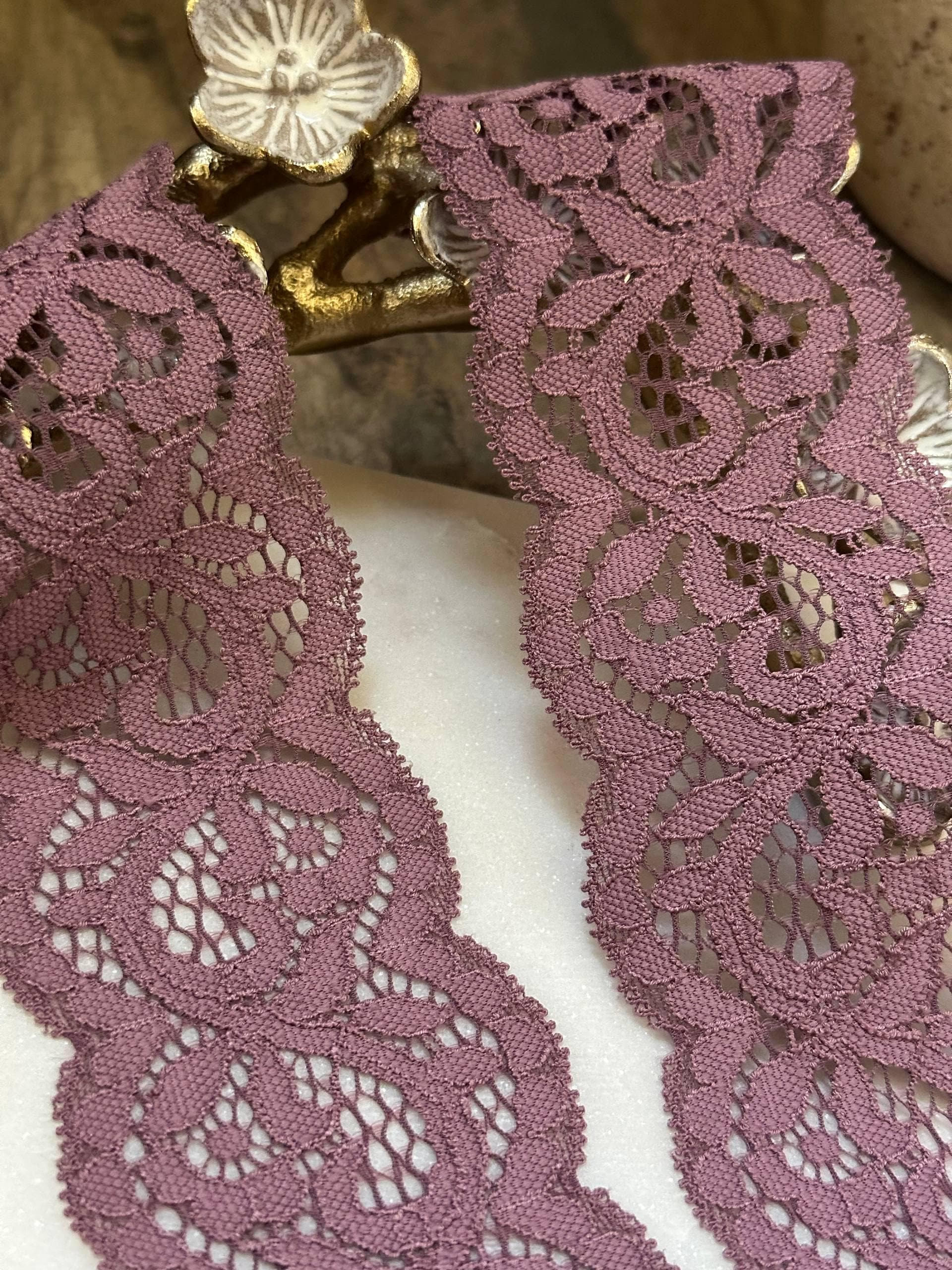 Dusty Plum Rose Floral Eyelash Slight Stretch Lace Trim by the Yard, Structured Elastic Ribbon for Crafts, 2.1", Retail Wholesale Bulk