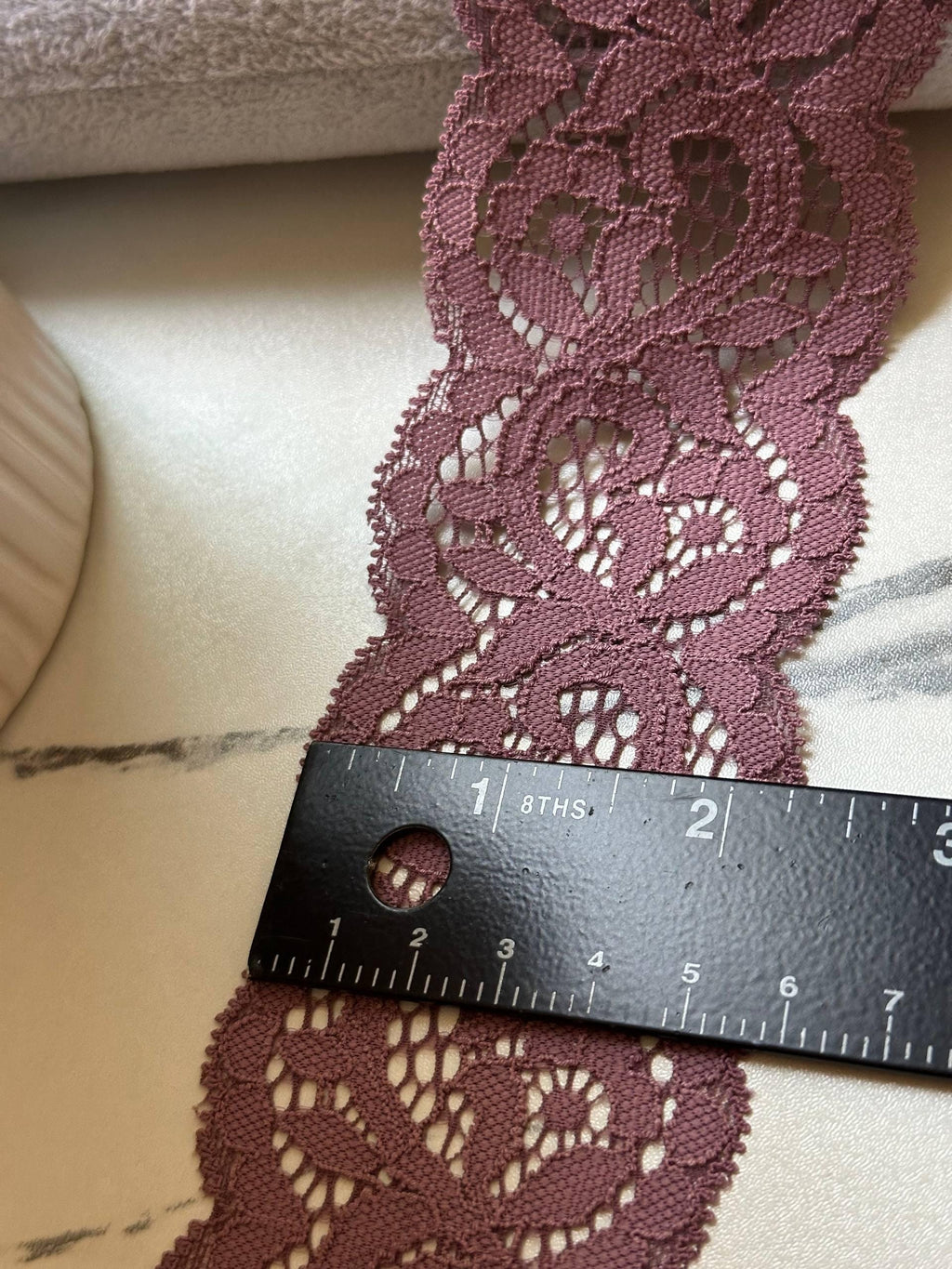 Dusty Plum Rose Floral Eyelash Slight Stretch Lace Trim by the Yard, Structured Elastic Ribbon for Crafts, 2.1", Retail Wholesale Bulk