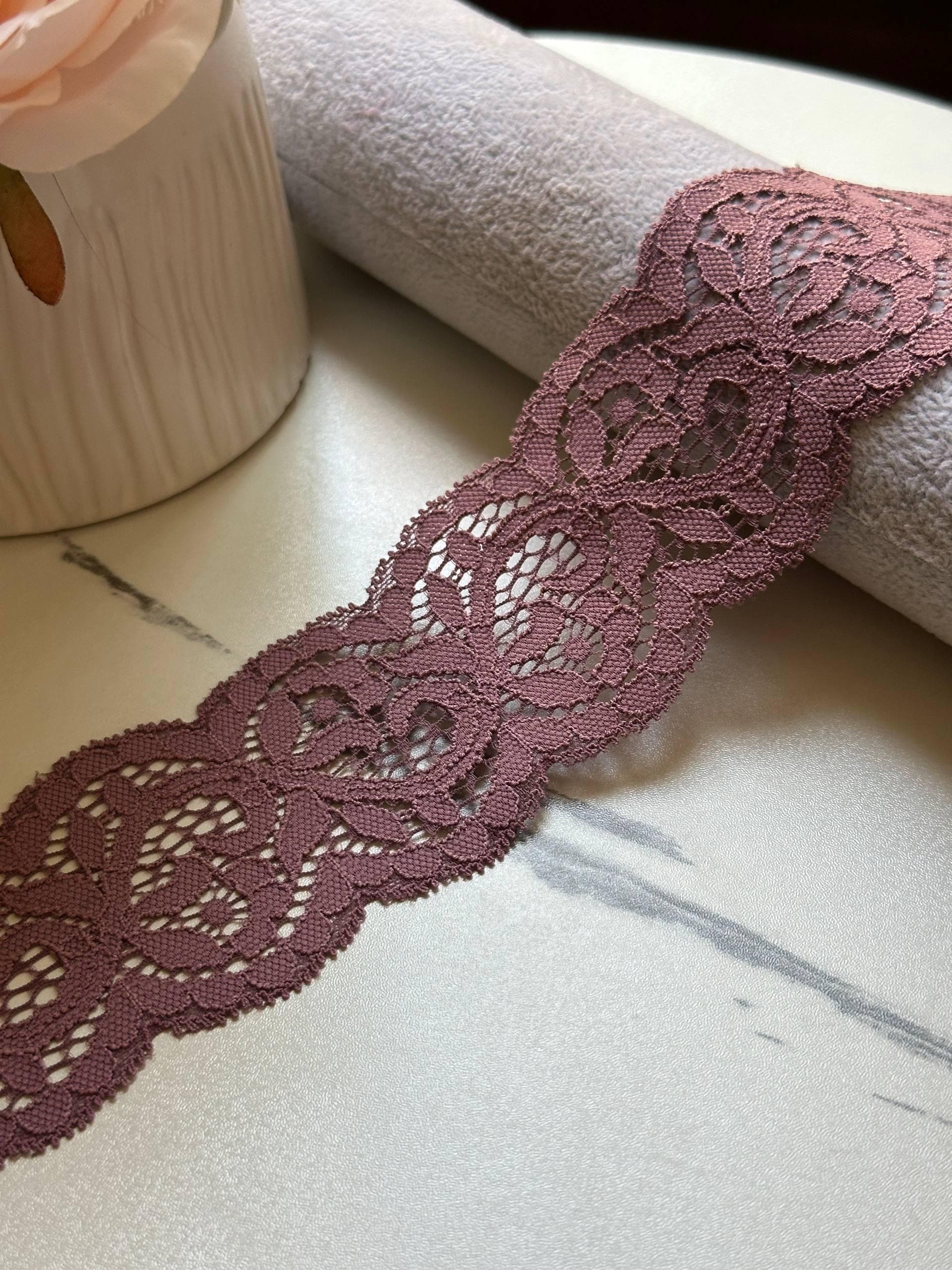 Dusty Plum Rose Floral Eyelash Slight Stretch Lace Trim by the Yard, Structured Elastic Ribbon for Crafts, 2.1", Retail Wholesale Bulk
