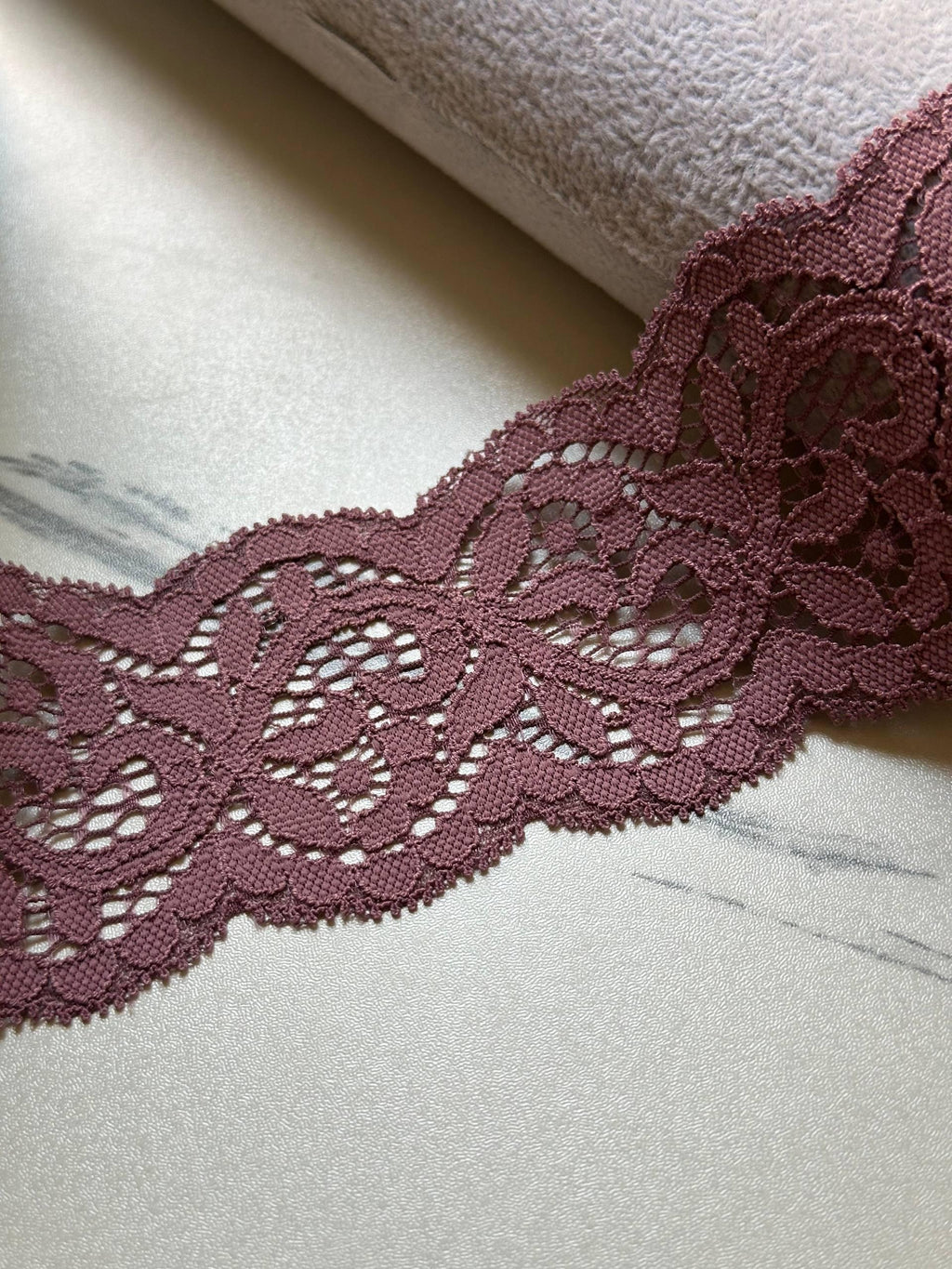 Dusty Plum Rose Floral Eyelash Slight Stretch Lace Trim by the Yard, Structured Elastic Ribbon for Crafts, 2.1", Retail Wholesale Bulk