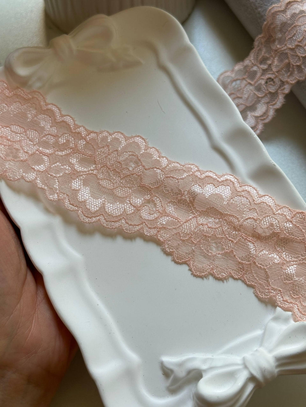 Soft Sheer Peach Pink Floral Stretch Lace Trim by the Yard, Lightweight Scalloped Elastic Ribbon for Crafts, 1.85", Retail Wholesale Bulk
