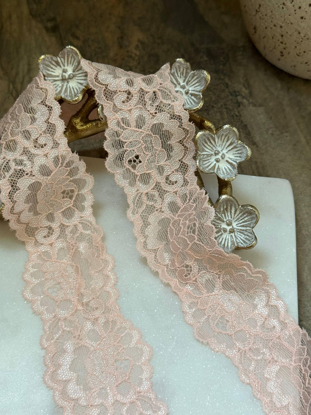 Soft Sheer Peach Pink Floral Stretch Lace Trim by the Yard, Lightweight Scalloped Elastic Ribbon for Crafts, 1.85", Retail Wholesale Bulk
