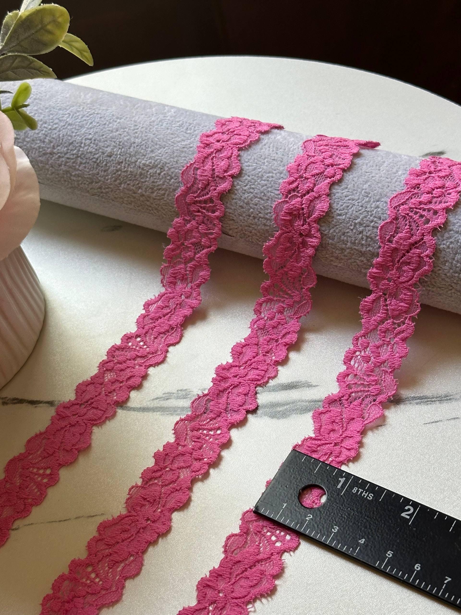 Soft Rose Pink Embossed Floral Stretch Lace Trim by the Yard, Narrow Textured Elastic Ribbon for Crafts, 0.75", Retail Wholesale Bulk