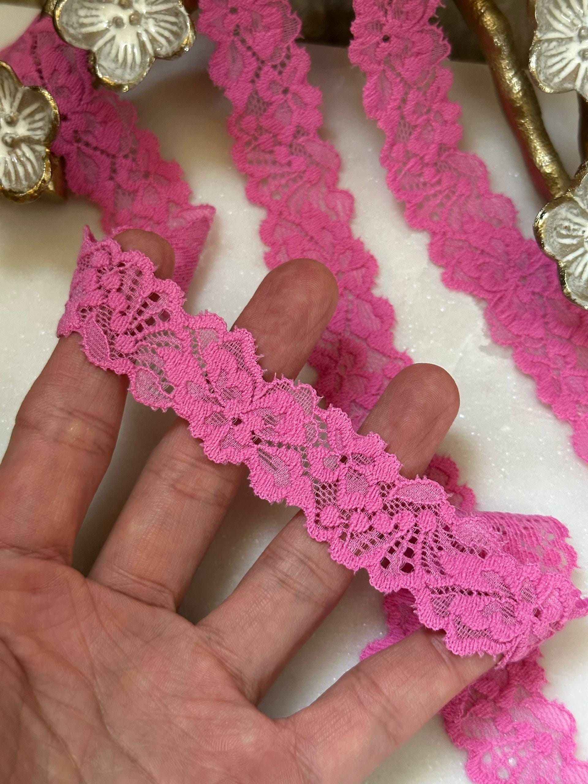 Soft Rose Pink Embossed Floral Stretch Lace Trim by the Yard, Narrow Textured Elastic Ribbon for Crafts, 0.75", Retail Wholesale Bulk