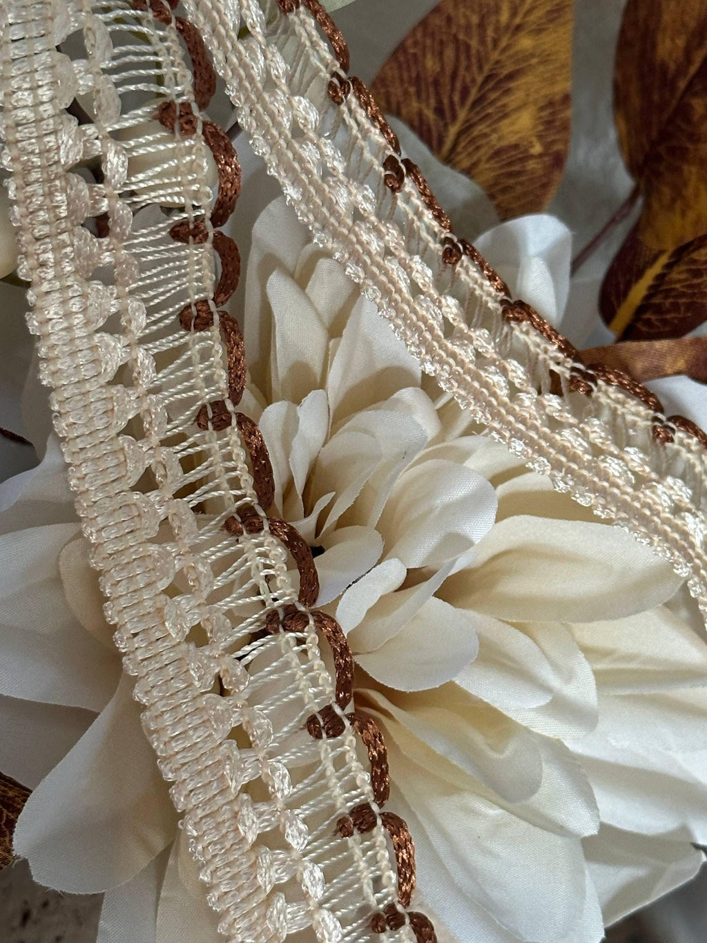 Two Tone Cream Brown Braided Scalloped Gimp Trim by the Yard, Vintage Woven Ribbon for Sewing Crafts, 1", Retail Wholesale Bulk