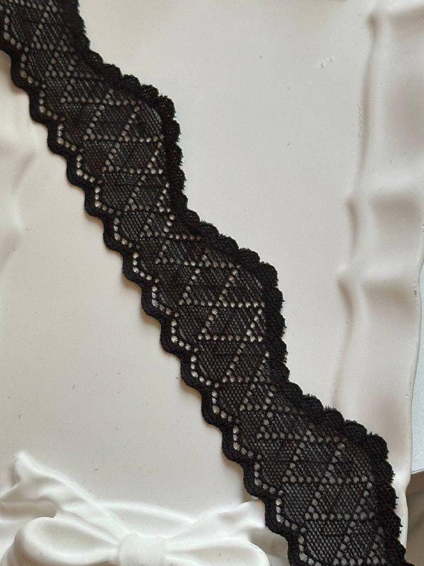 Soft Classic Black Diamond Geometric Wave Wavy Stretch Lace Trim by the Yard, Narrow Scalloped Elastic Ribbon, 1.25", Retail Wholesale Bulk