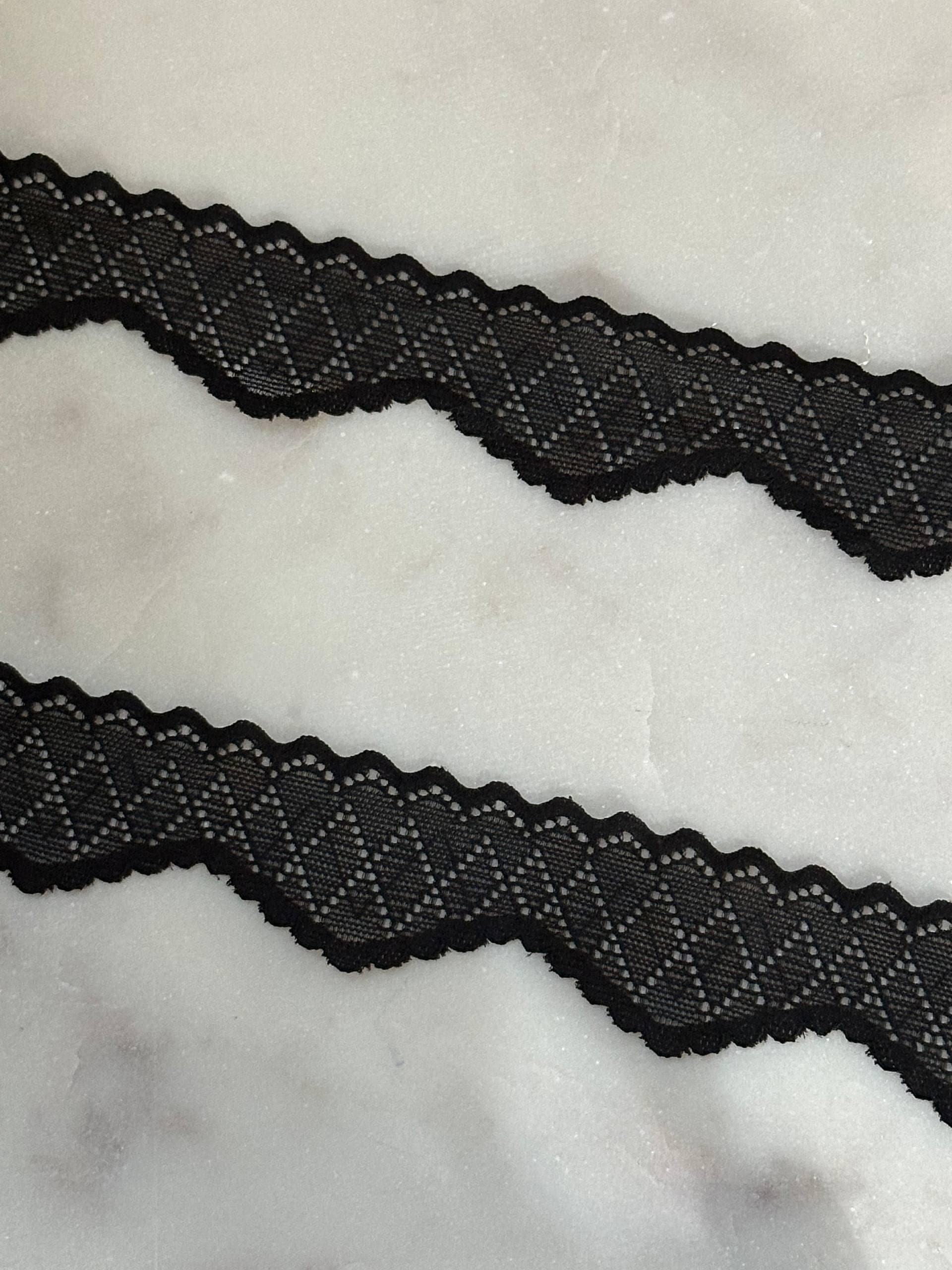 Soft Classic Black Diamond Geometric Wave Wavy Stretch Lace Trim by the Yard, Narrow Scalloped Elastic Ribbon, 1.25", Retail Wholesale Bulk