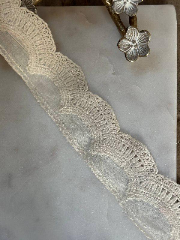 Vintage Cream Beige Cotton Linen Embroidered Scalloped Lace Trim by the Yard, Natural Eyelet Ribbon for Crafts, 1.85", Retail Wholesale Bulk