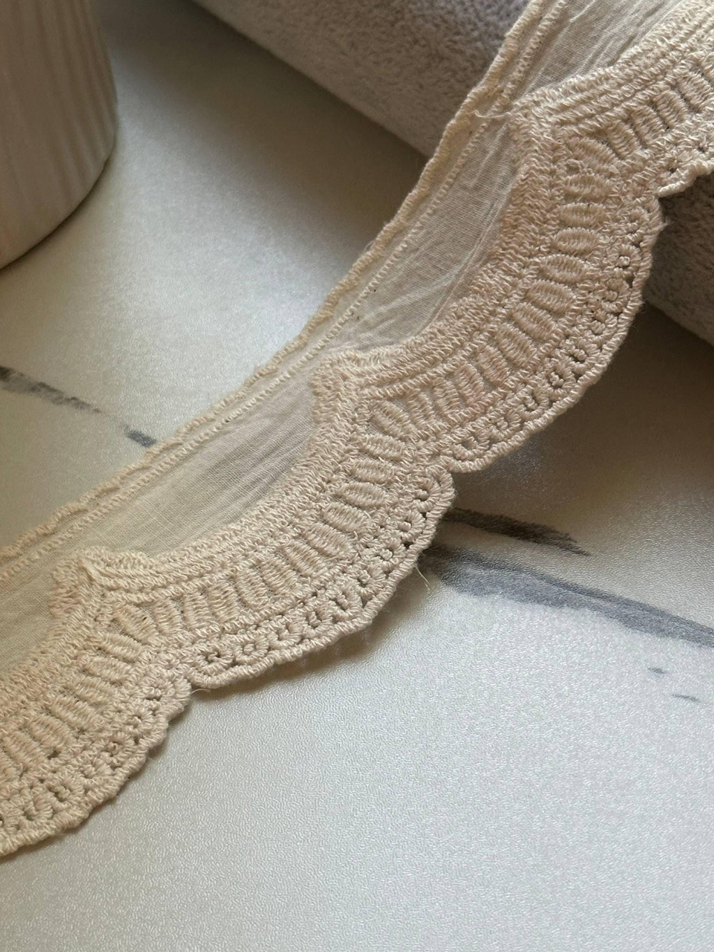 Vintage Cream Beige Cotton Linen Embroidered Scalloped Lace Trim by the Yard, Natural Eyelet Ribbon for Crafts, 1.85", Retail Wholesale Bulk