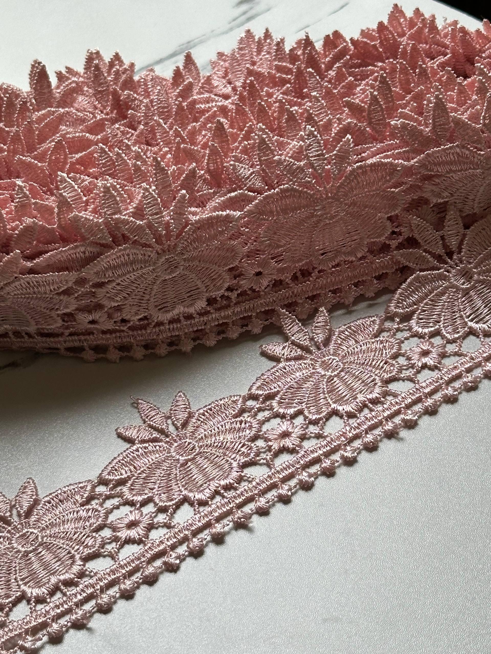 Vintage Dusty Rose Pink Guipure Water Soluble Floral Lace Trim by the Yard, Heavy Venetian Scalloped Ribbon, 2", Retail Wholesale Bulk