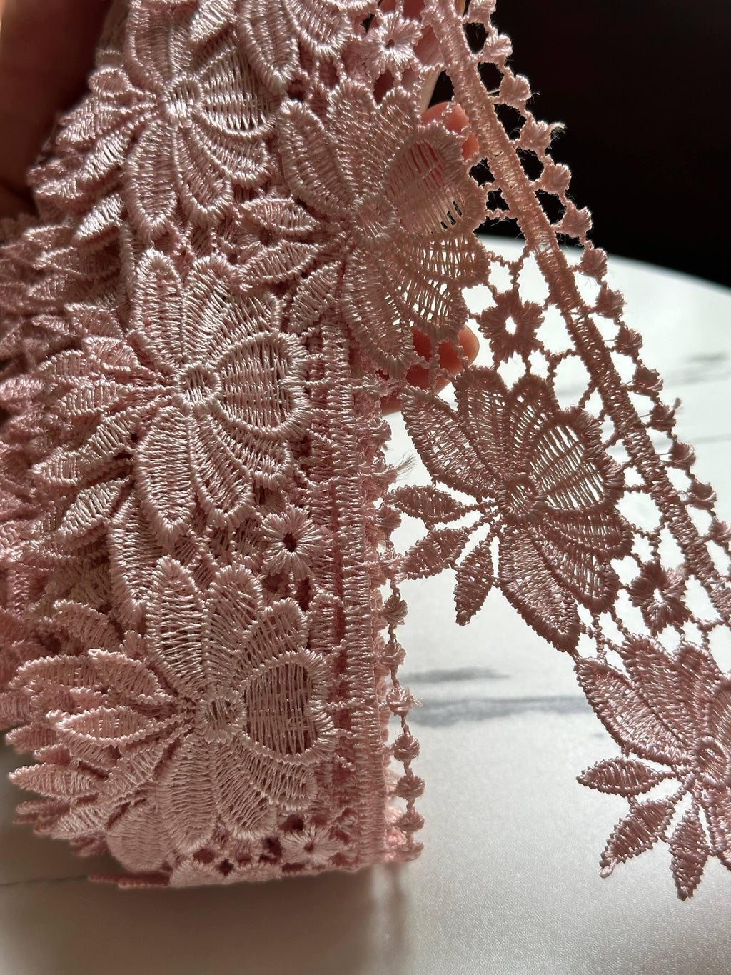 Vintage Dusty Rose Pink Guipure Water Soluble Floral Lace Trim by the Yard, Heavy Venetian Scalloped Ribbon, 2", Retail Wholesale Bulk