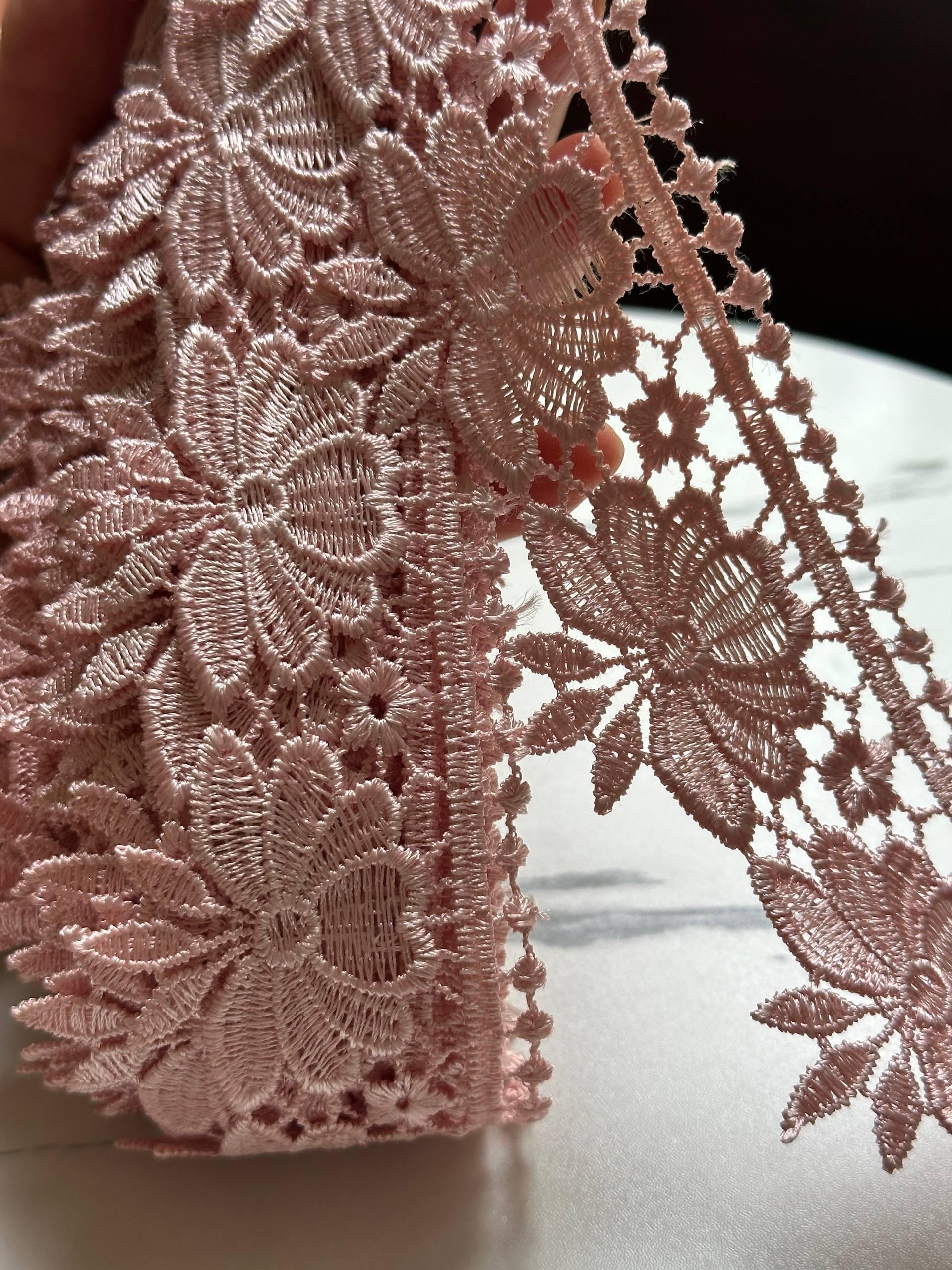 Vintage Dusty Rose Pink Guipure Water Soluble Floral Lace Trim by the Yard, Heavy Venetian Scalloped Ribbon, 2", Retail Wholesale Bulk