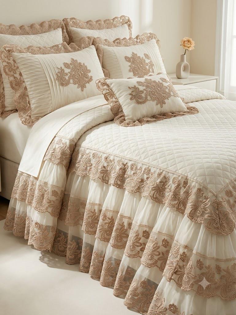 Champagne Gold Embroidered Organza Wide Lace Trim by Yard, Bedspread Bed Skirt Veil Scallop Border, 13", Retail Wholesale Bulk