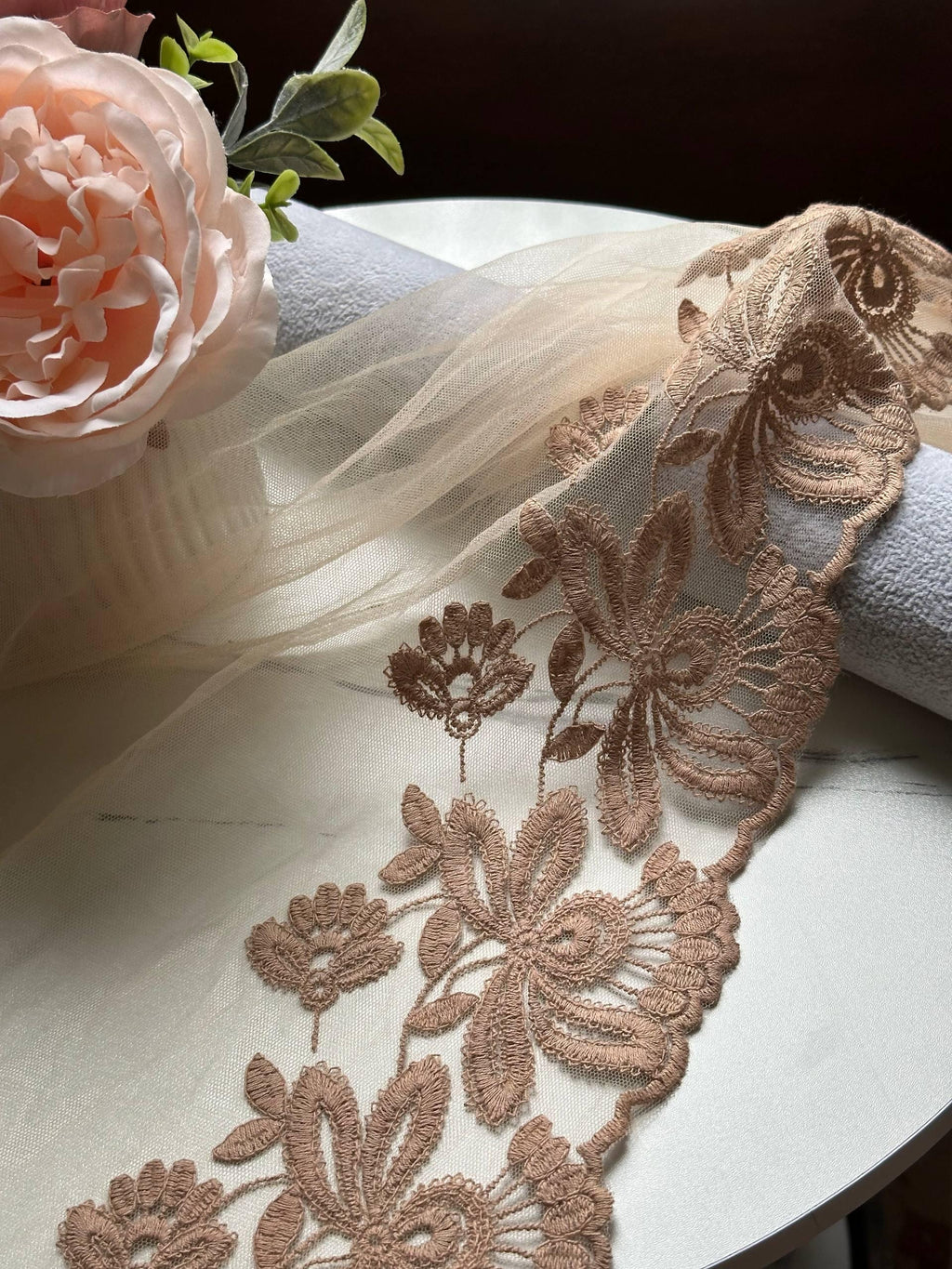 Champagne Gold Embroidered Organza Wide Lace Trim by Yard, Bedspread Bed Skirt Veil Scallop Border, 13", Retail Wholesale Bulk