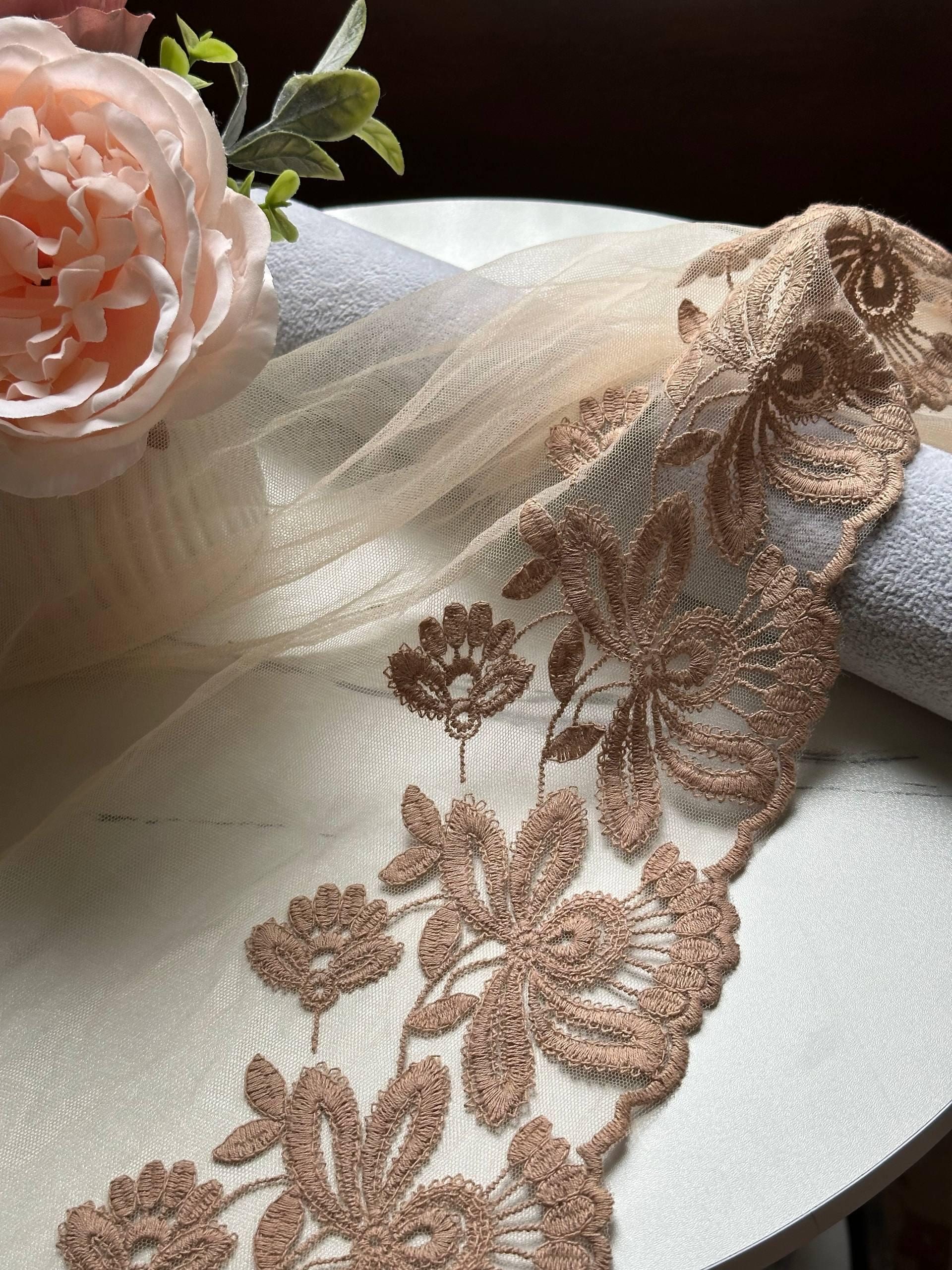 Champagne Gold Embroidered Organza Wide Lace Trim by Yard, Bedspread Bed Skirt Veil Scallop Border, 13", Retail Wholesale Bulk