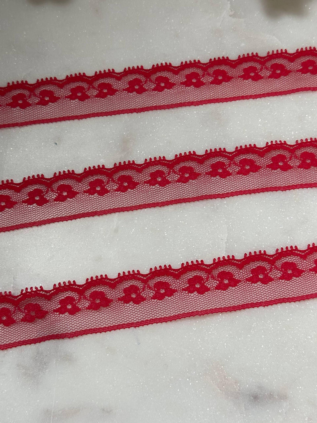 Ultra Soft Crimson Red Floral Eyelash Non-Stretch Mesh Lace Trim by the Yard, Narrow Scalloped Tulle Ribbon, 1", Retail Wholesale Bulk